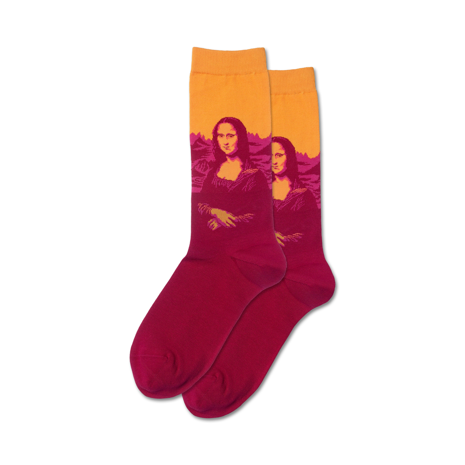 Flat lay product shot of the orange and burgundy Mona Lisa Pop socks.