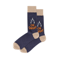 Pair of crew socks, navy blue with tan cuffs, featuring wishbone and 'Oh Snap!' text design.
