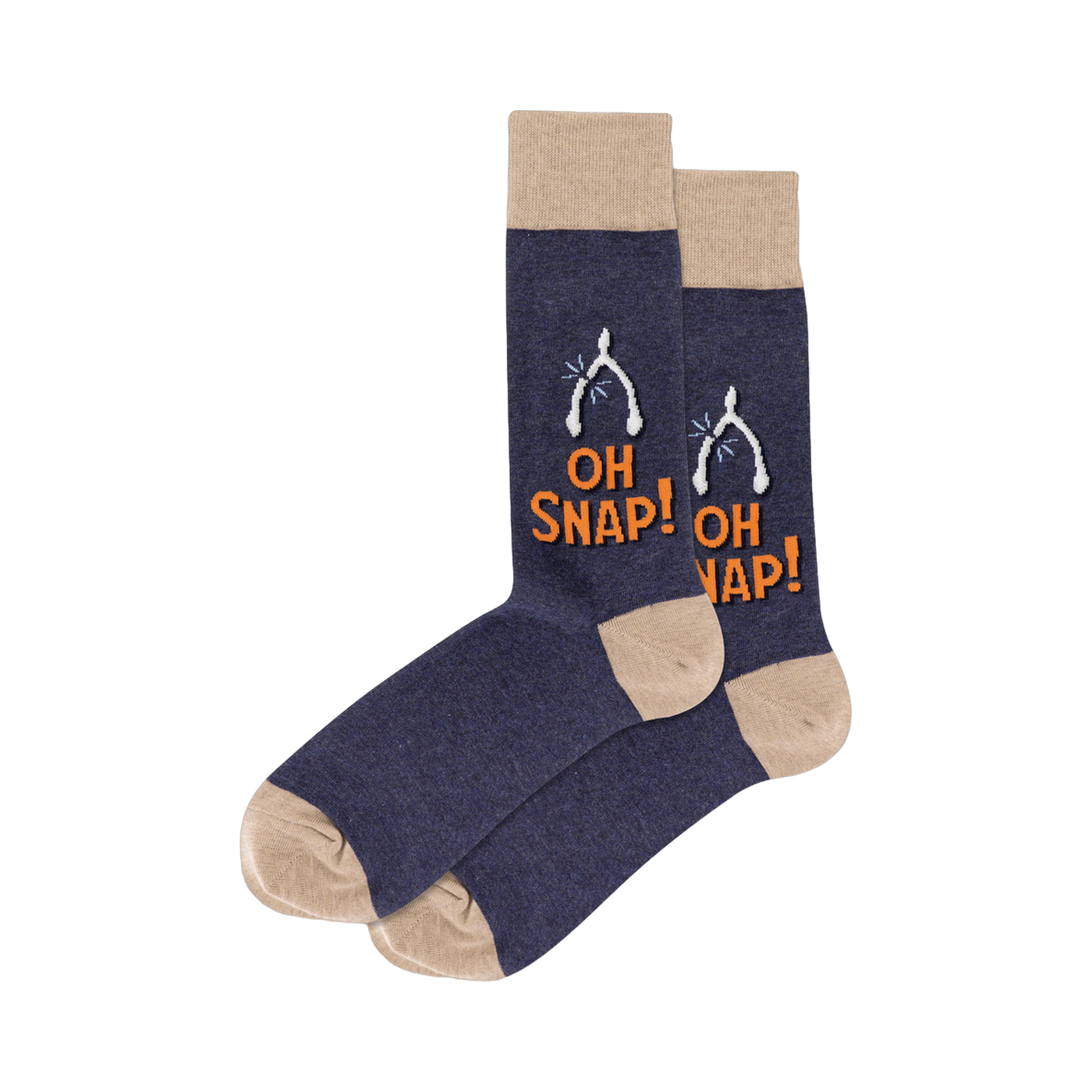Pair of crew socks, navy blue with tan cuffs, featuring wishbone and 'Oh Snap!' text design.