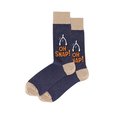 Pair of crew socks, navy blue with tan cuffs, featuring wishbone and 'Oh Snap!' text design.