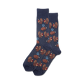 Pair of navy blue crew socks with a repeating pattern of brown turkeys and roasted turkeys with light blue steam details.