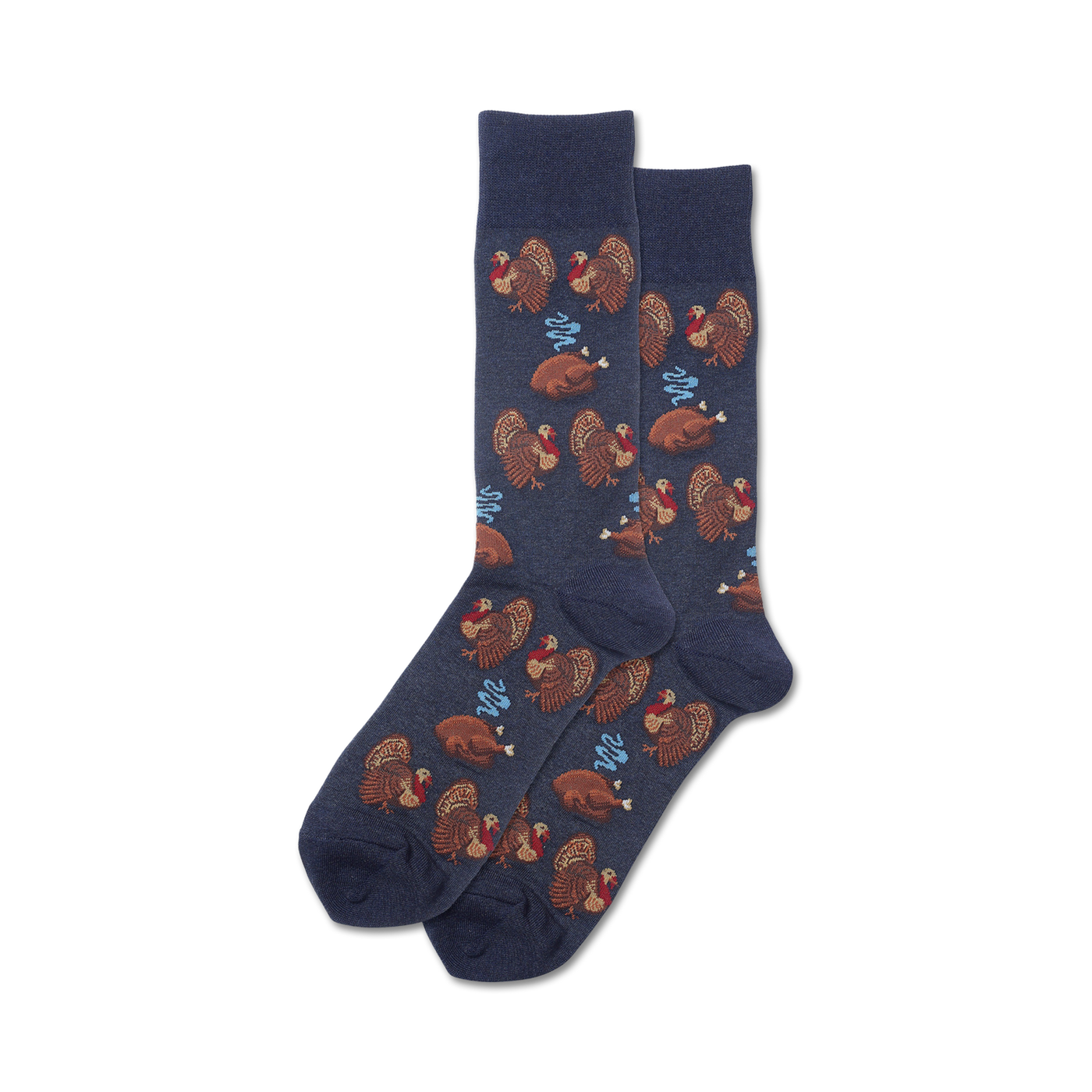 Pair of navy blue crew socks with a repeating pattern of brown turkeys and roasted turkeys with light blue steam details.