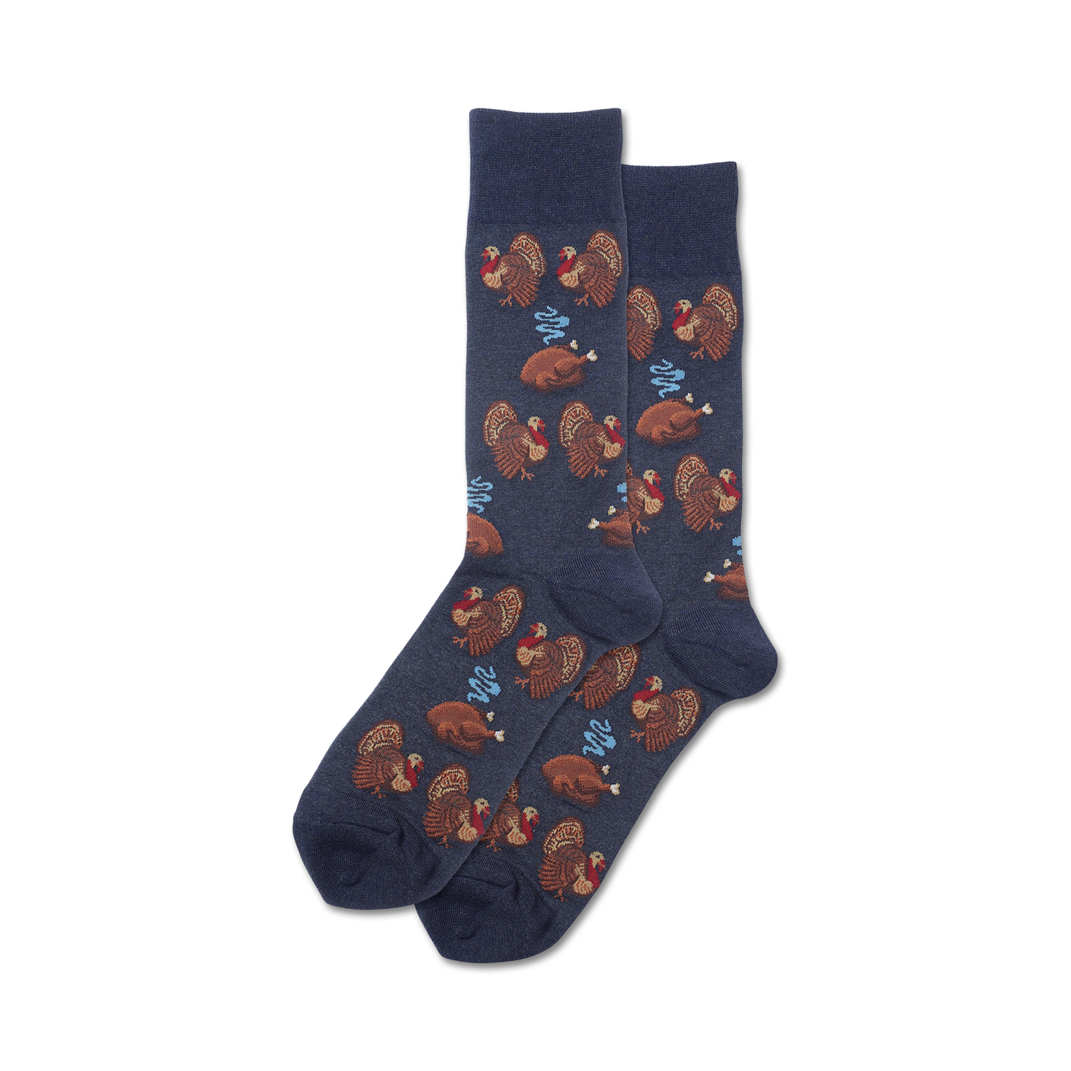 Pair of navy blue crew socks with a repeating pattern of brown turkeys and roasted turkeys with light blue steam details.