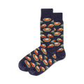 Pair of navy blue crew socks with a pattern of orange pumpkin pie slices and white whipped cream. Festive and fun!