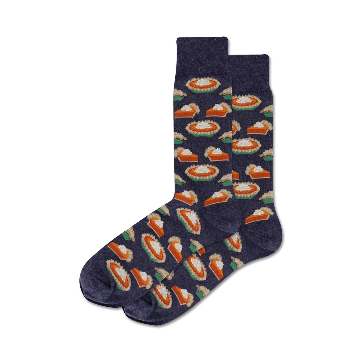 Pair of navy blue crew socks with a pattern of orange pumpkin pie slices and white whipped cream. Festive and fun!
