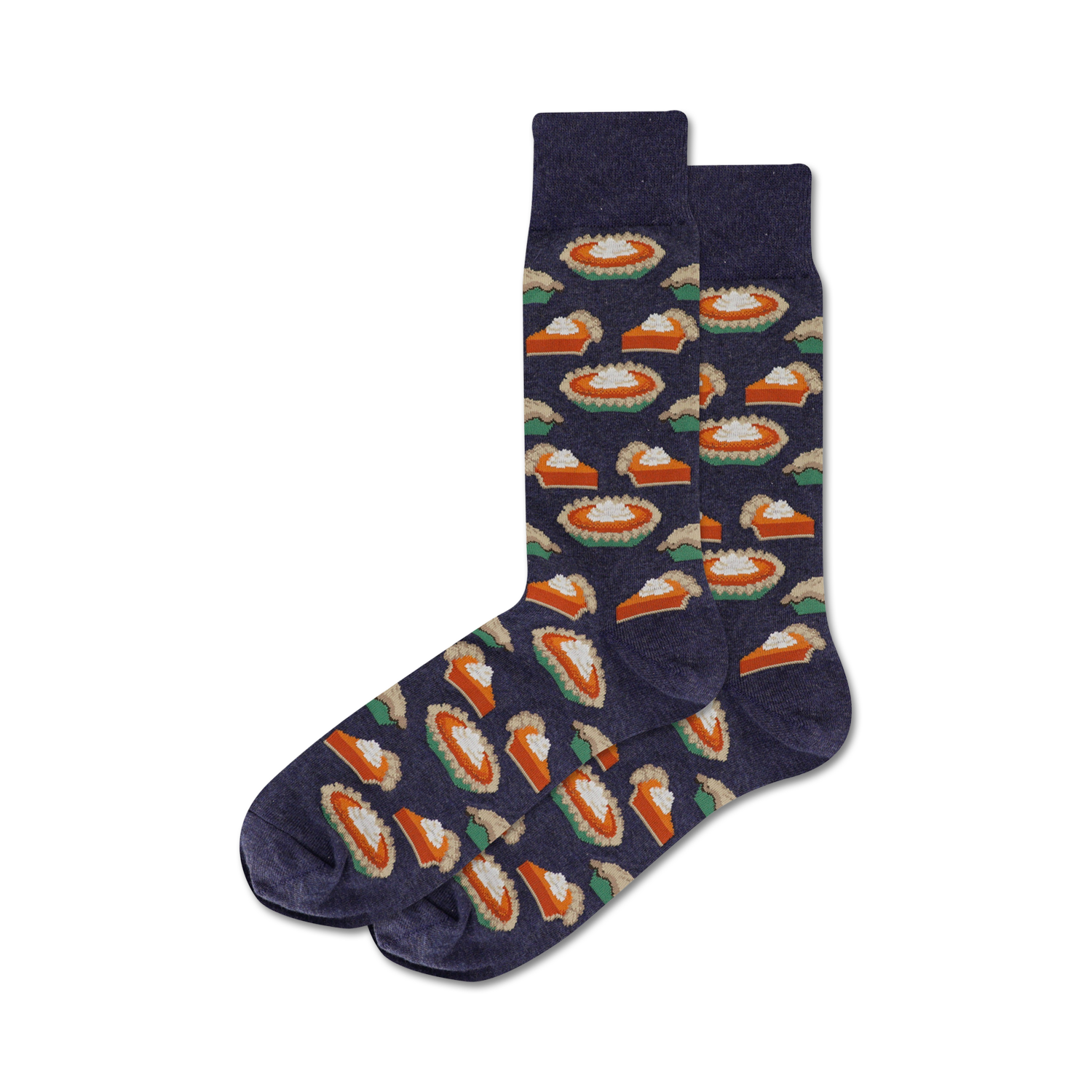 Pair of navy blue crew socks with a pattern of orange pumpkin pie slices and white whipped cream. Festive and fun!