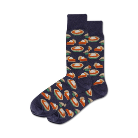 mens crew length socks with an all over pattern of cartoon thanksgiving pumpkin pies.  