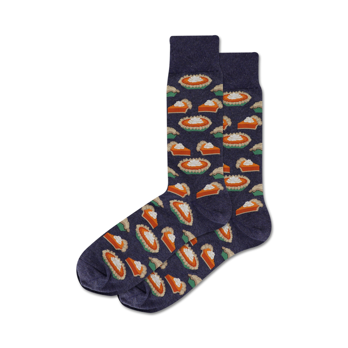 mens crew length socks with an all over pattern of cartoon thanksgiving pumpkin pies.   }}