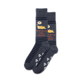 Pair of charcoal grey crew socks with navy blue stripes, pie slice patterns, and a Thanksgiving-themed corgi design.