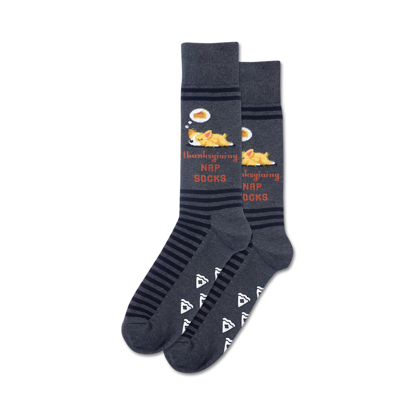 Pair of charcoal grey crew socks with navy blue stripes, pie slice patterns, and a Thanksgiving-themed corgi design.