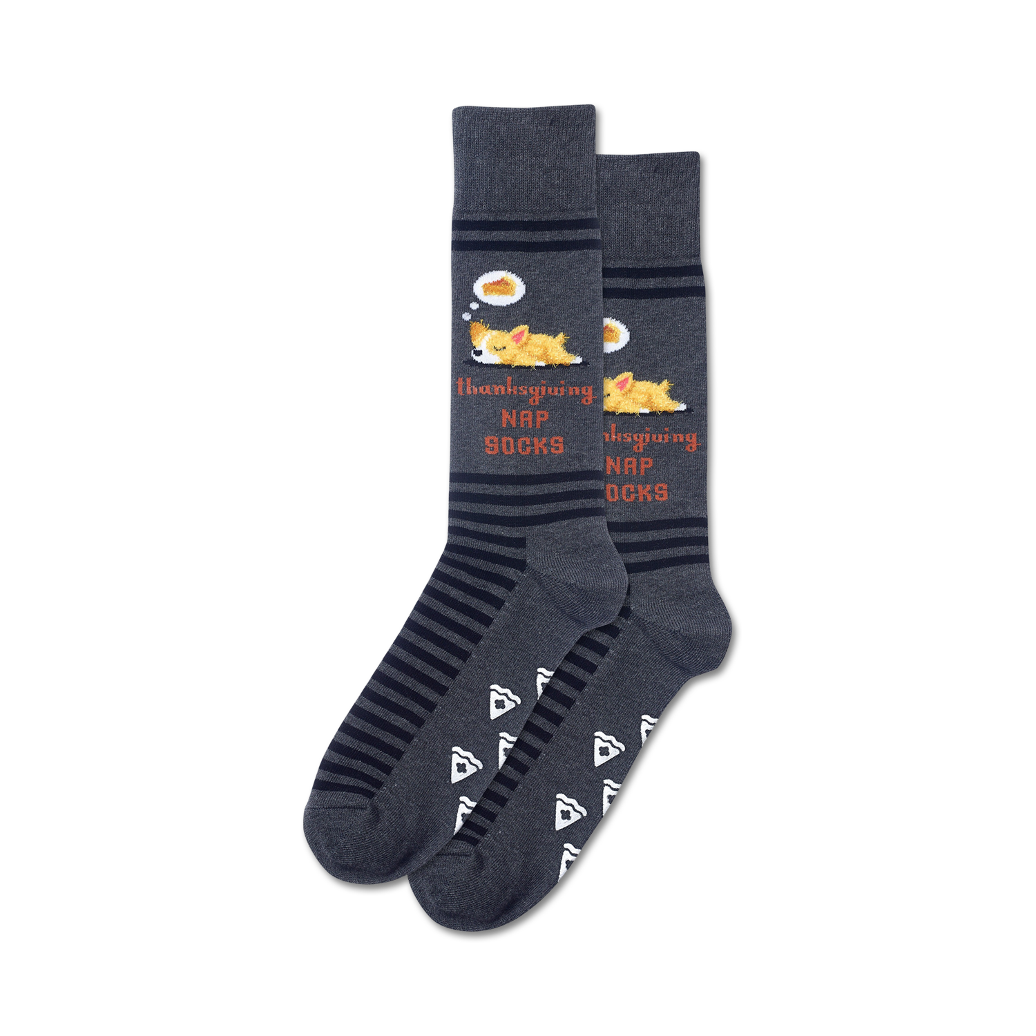 Pair of charcoal grey crew socks with navy blue stripes, pie slice patterns, and a Thanksgiving-themed corgi design.