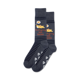 mens gray thanksgiving socks have corgis napping on pie non skid sole crew length.   