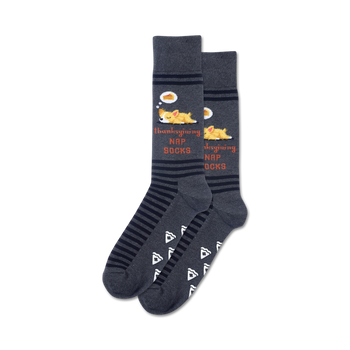 mens gray thanksgiving socks have corgis napping on pie non skid sole crew length.   