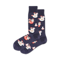Pair of navy crew socks with a fun Christmas design. Flamingos and unicorns wearing Santa hats float on pink inflatable rings.