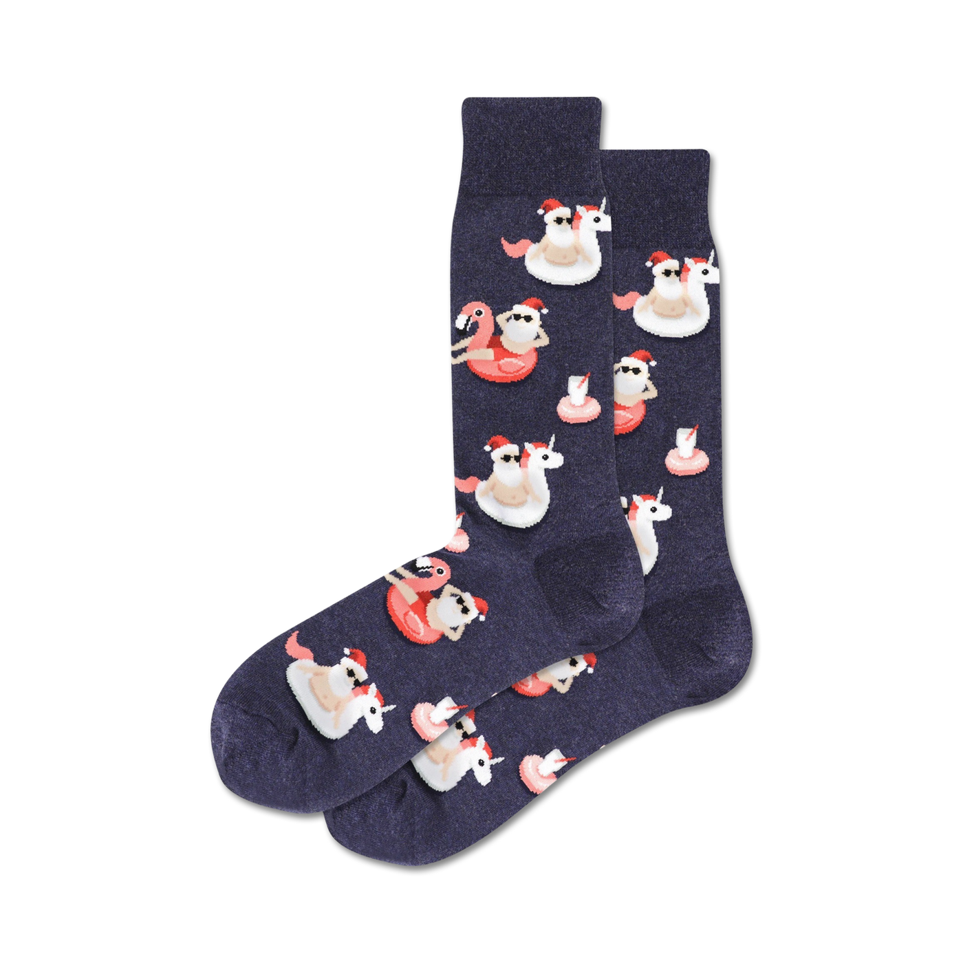 Pair of navy crew socks with a fun Christmas design. Flamingos and unicorns wearing Santa hats float on pink inflatable rings.