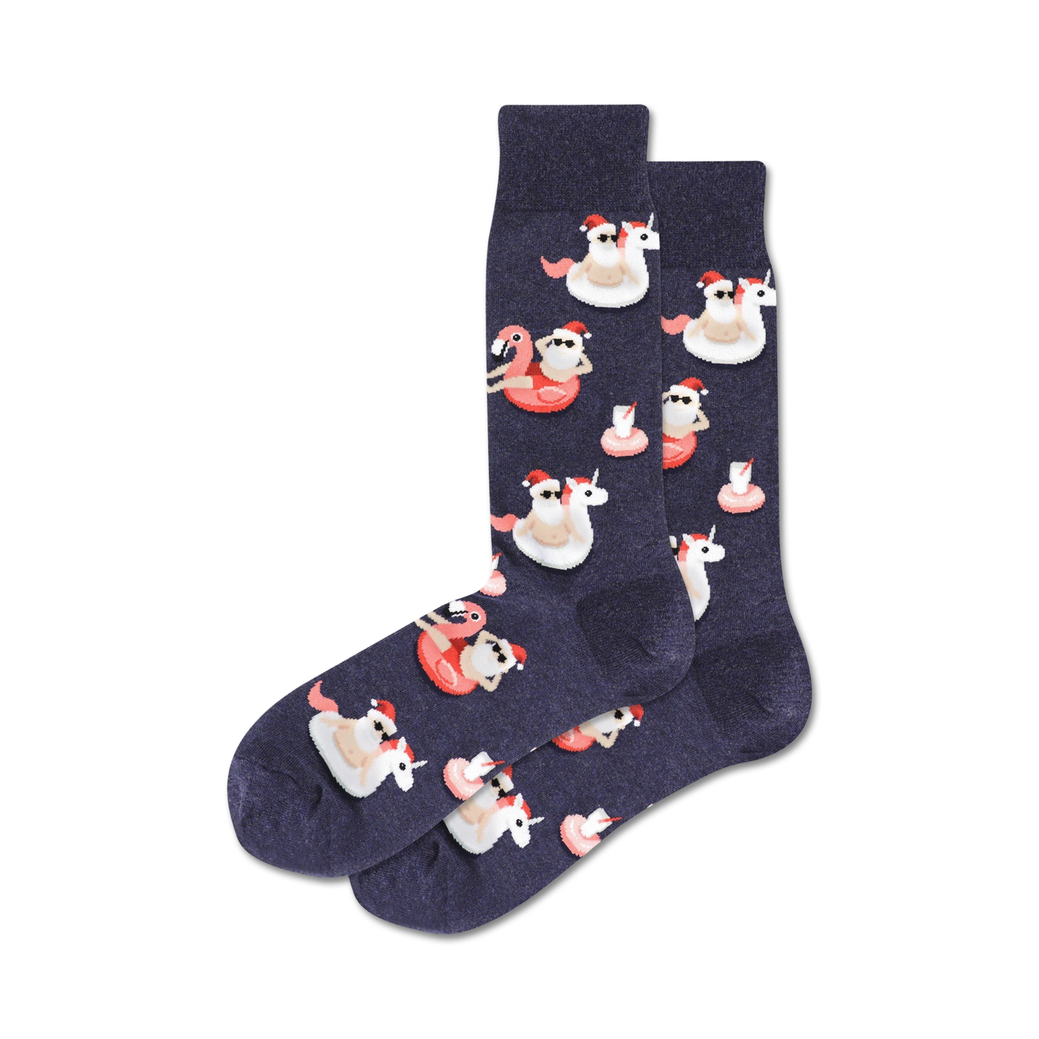 Pair of navy crew socks with a fun Christmas design. Flamingos and unicorns wearing Santa hats float on pink inflatable rings.