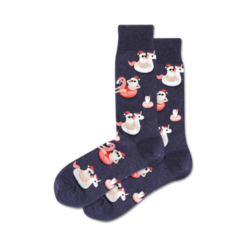 dark blue crew socks with santa claus and unicorn pattern, wearing sunglasses and floating on inner tubes. christmas-themed socks for men.  