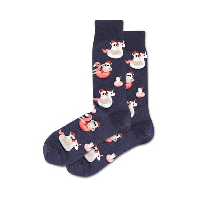 dark blue crew socks with santa claus and unicorn pattern, wearing sunglasses and floating on inner tubes. christmas-themed socks for men.  