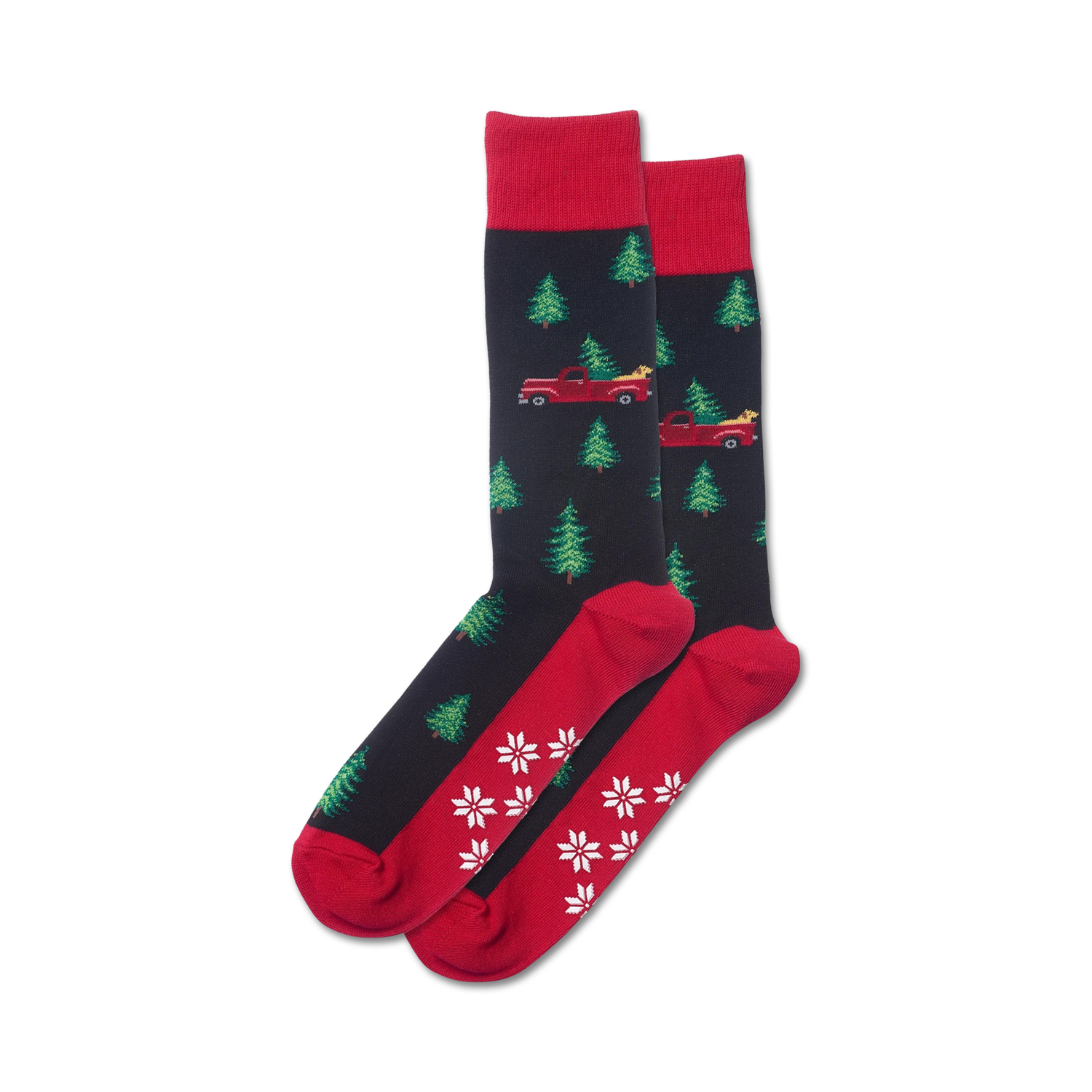 Pair of crew socks in navy and red, featuring a pattern of red trucks carrying Christmas trees and snowflakes on the bottom.