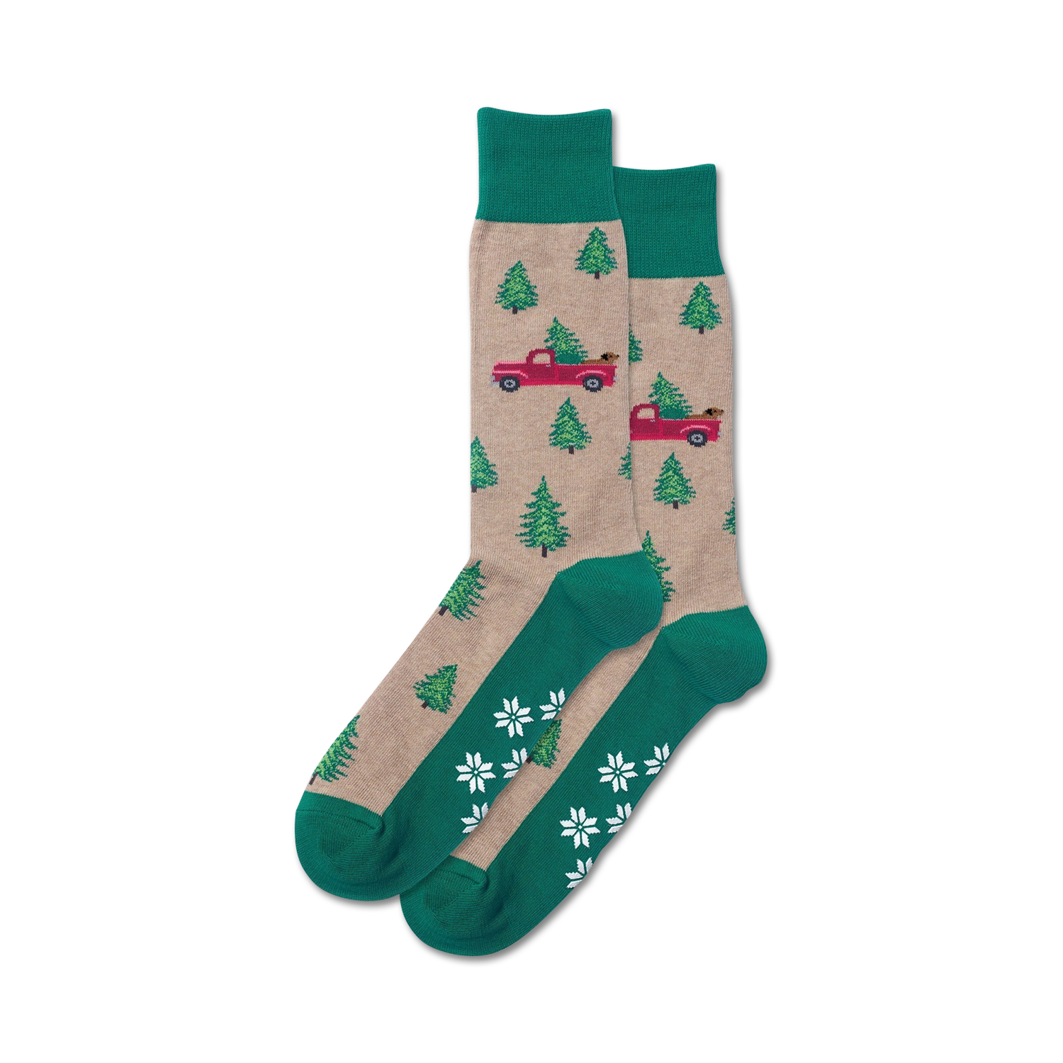Close-up of a pair of tan and green Holiday Trucks Non-Skid Slipper socks.  The socks feature the same design as the main image, just in different colors.