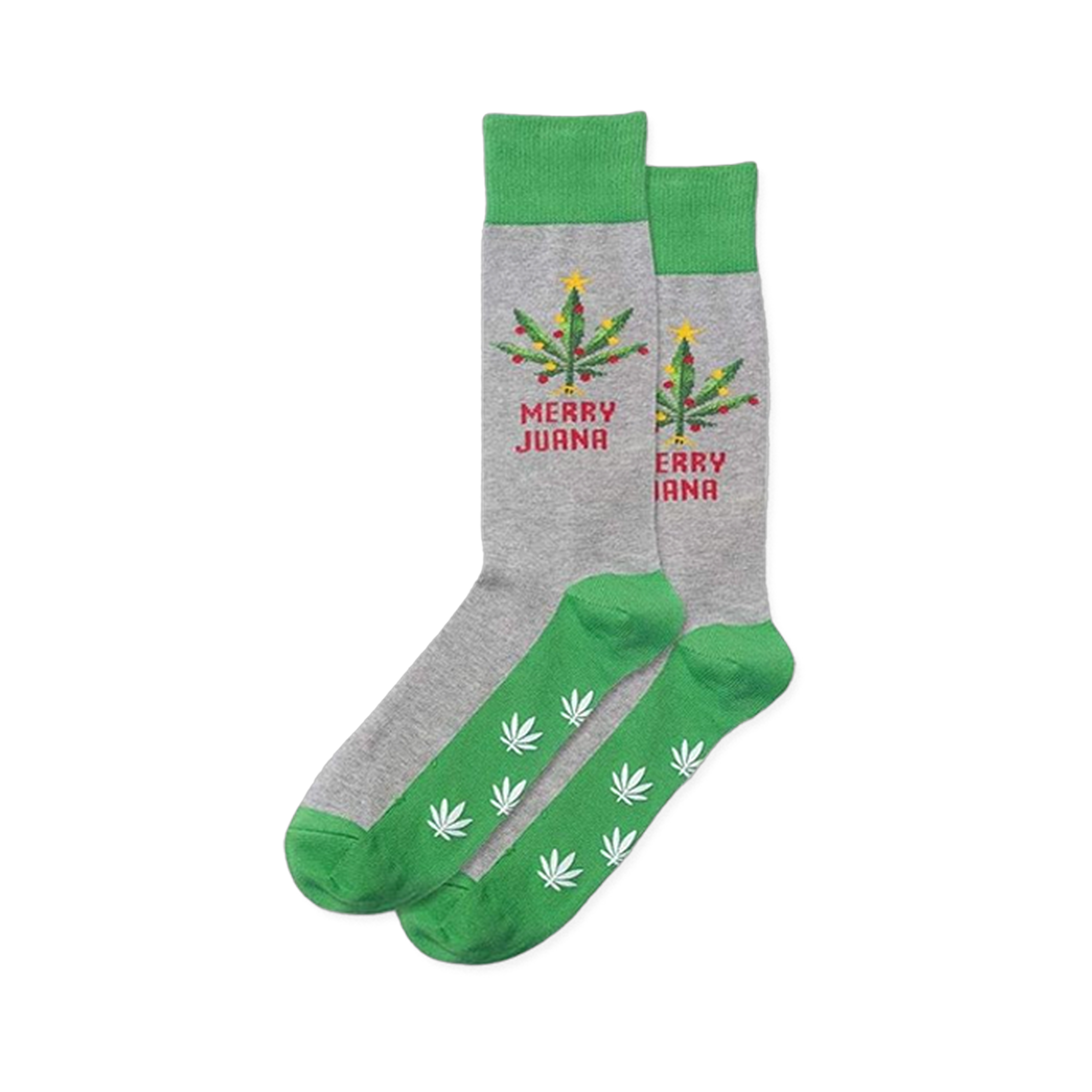 Grey Merry Juana non-skid slipper socks featuring cannabis Christmas trees & green soles with white cannabis leaf patterns.