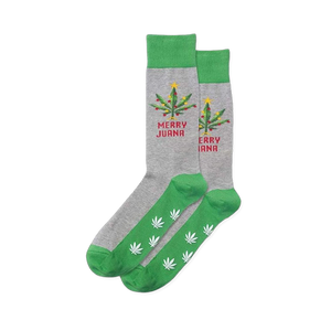 Grey Merry Juana non-skid slipper socks featuring cannabis Christmas trees & green soles with white cannabis leaf patterns.