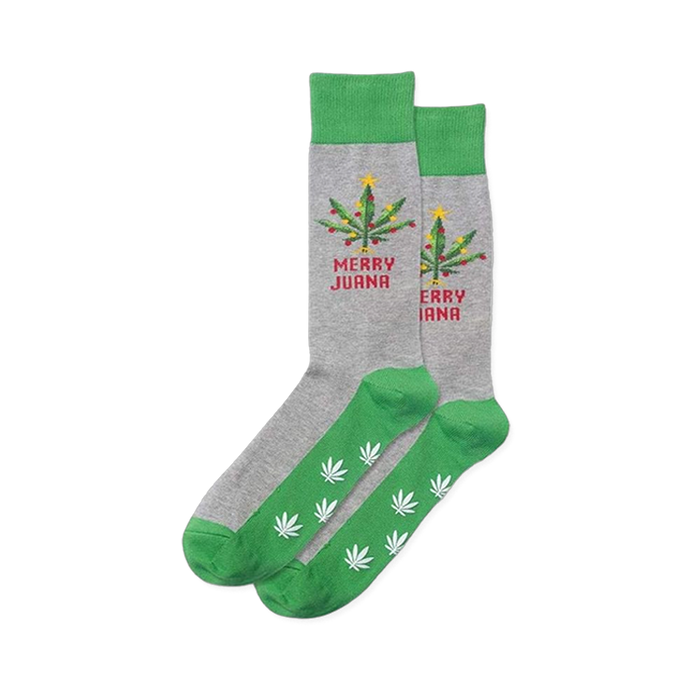 Grey Merry Juana non-skid slipper socks featuring cannabis Christmas trees & green soles with white cannabis leaf patterns.