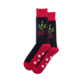 Pair of red and black crew socks. Design features a marijuana Christmas tree and the words Merry Juana.  White marijuana leaves on the red bottom.