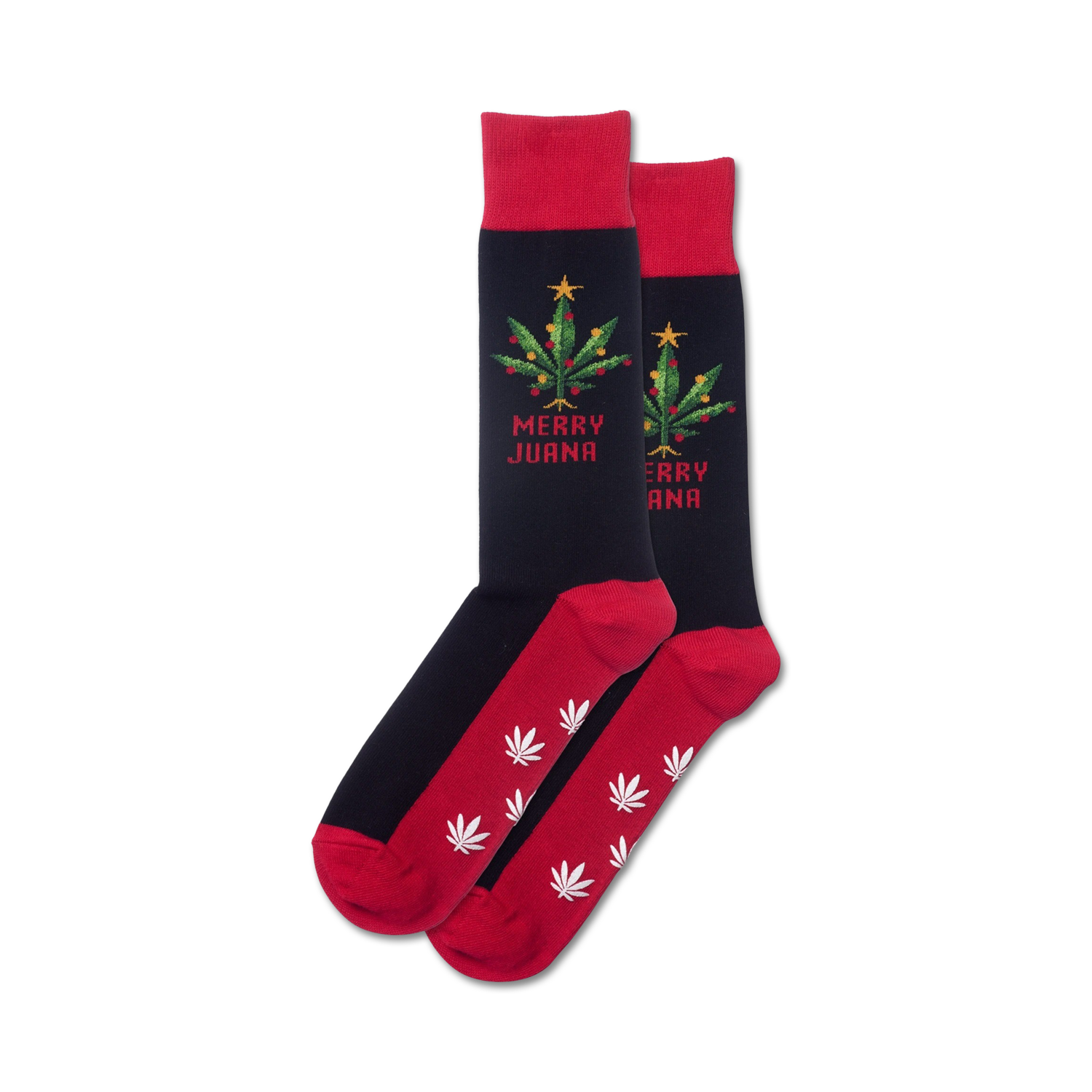 Pair of red and black crew socks. Design features a marijuana Christmas tree and the words Merry Juana.  White marijuana leaves on the red bottom.