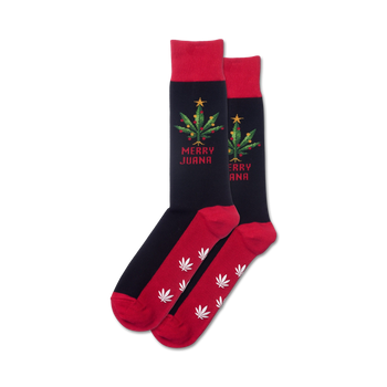 black and red marijuana-themed merry juana non-skid crew slipper socks for men.   