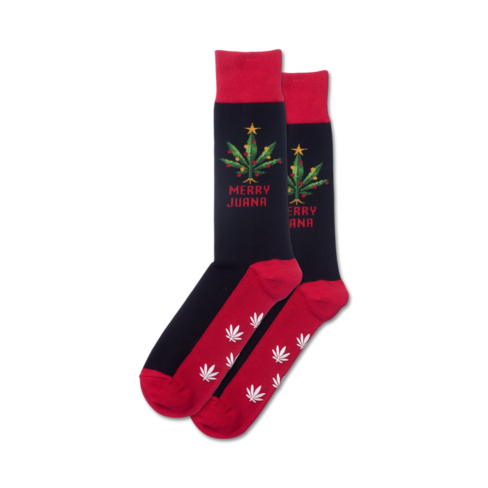black and red marijuana-themed merry juana non-skid crew slipper socks for men.    }}