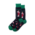 A pair of navy crew socks with green cuffs.  They feature a repeating pattern of Christmas presents and two images of Jesus holding gifts, with the text 'Birthday Boy'.