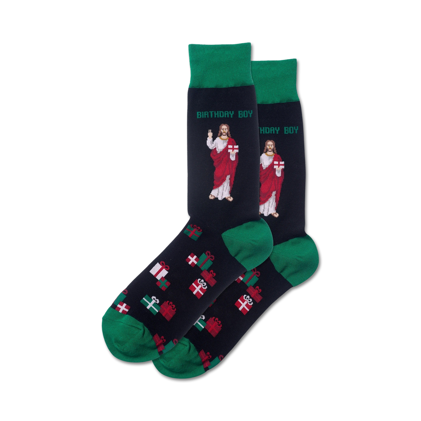 A pair of navy crew socks with green cuffs.  They feature a repeating pattern of Christmas presents and two images of Jesus holding gifts, with the text 'Birthday Boy'.