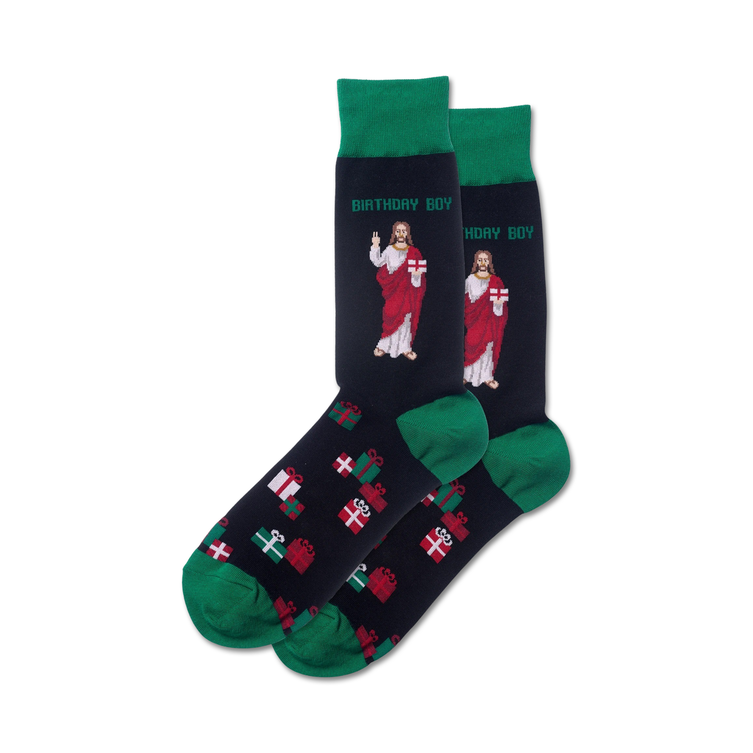 A pair of navy crew socks with green cuffs.  They feature a repeating pattern of Christmas presents and two images of Jesus holding gifts, with the text 'Birthday Boy'.