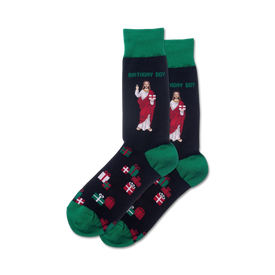 birthday boy christmas themed mens black novelty crew socks