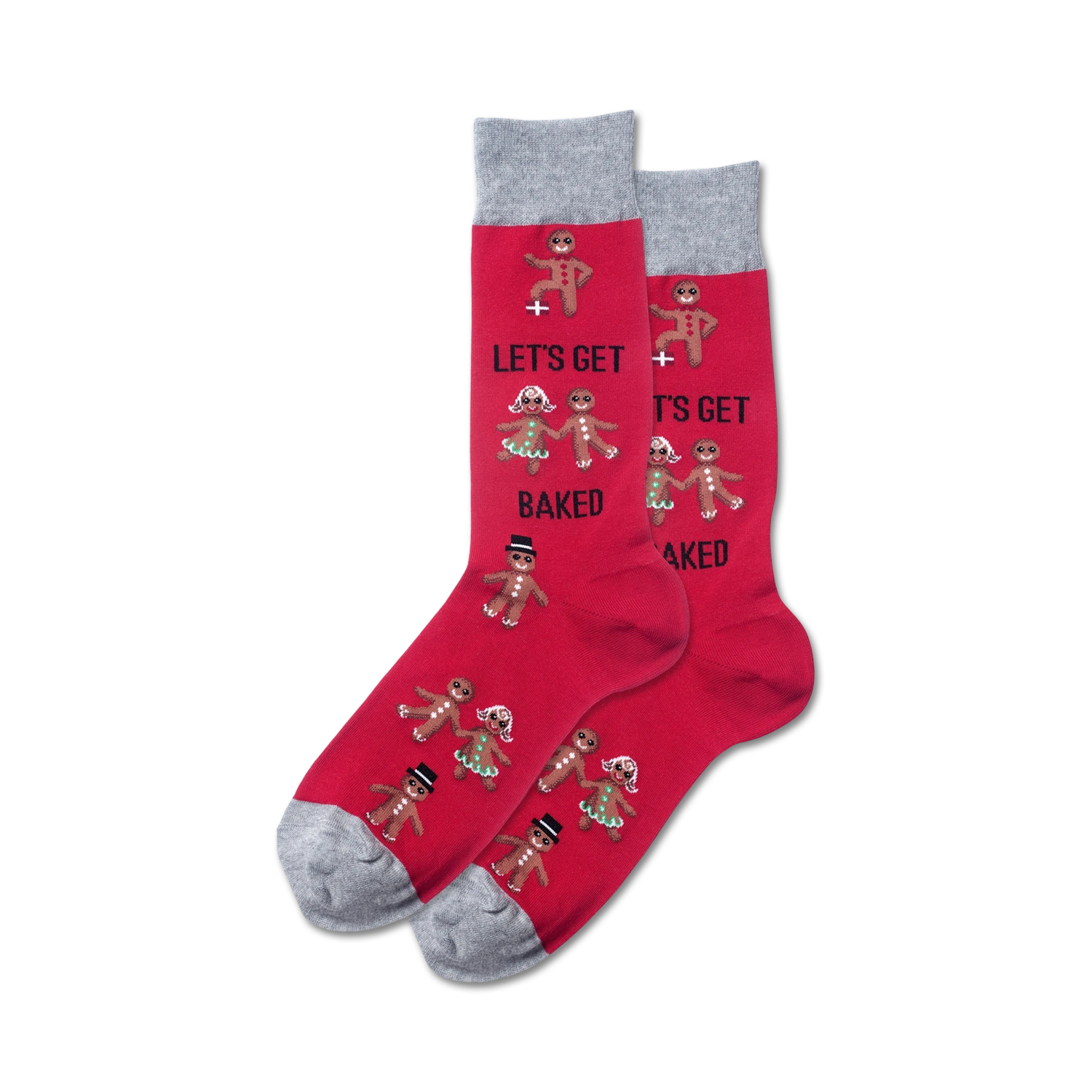 Pair of red crew socks with grey cuffs, featuring gingerbread men and the phrase 'Let's Get Baked'.