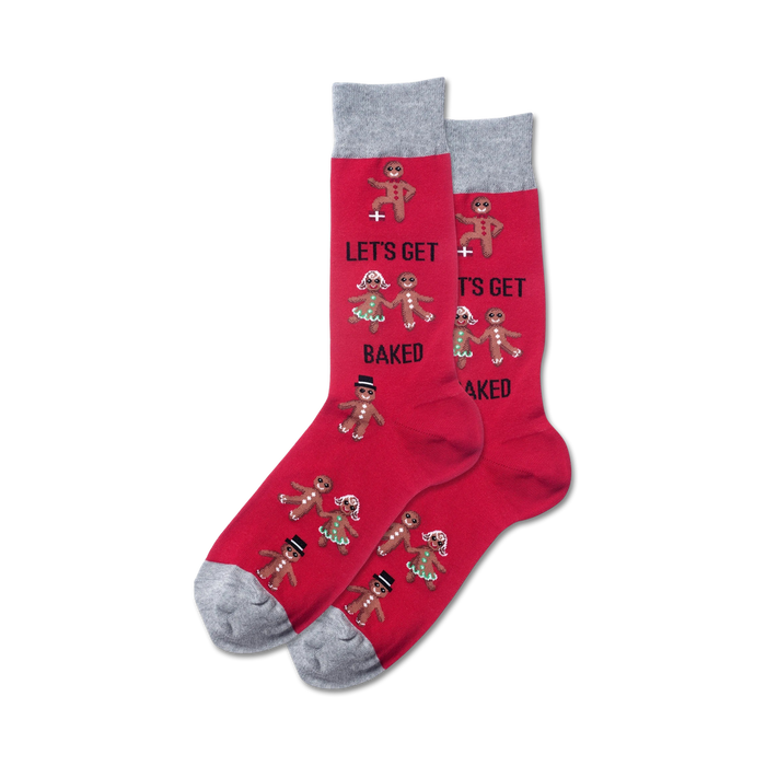 mens red crew socks with gray toes, heels, and cuffs feature a row of gingerbread people in various poses. text on sock reads 