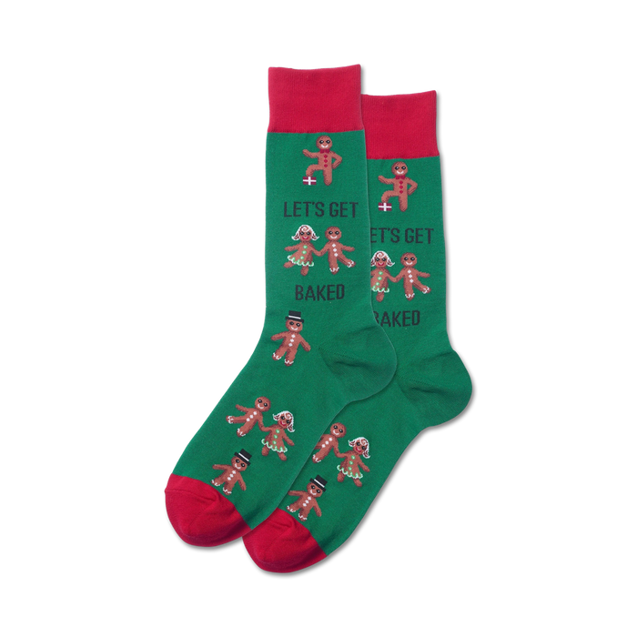 gingerbread people novelty socks with red toes, heels, and cuffs. green socks have 4 rows of 3 gingerbread men each with 
