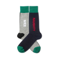 Pair of crew socks; one grey with 'NICE' in white, one navy with 'NAUGHTY' in red. Both have teal cuffs.