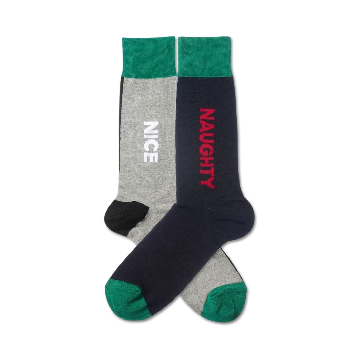 Pair of crew socks; one grey with 'NICE' in white, one navy with 'NAUGHTY' in red. Both have teal cuffs.