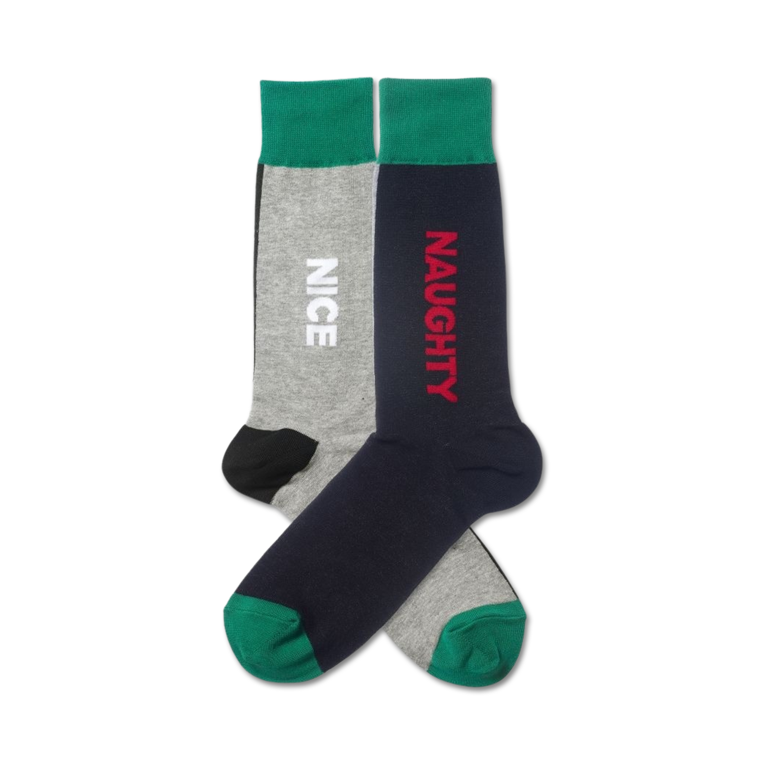 Pair of crew socks; one grey with 'NICE' in white, one navy with 'NAUGHTY' in red. Both have teal cuffs.