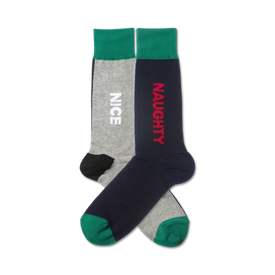 gray and navy crew socks with "nice" and "naughty" in fun festive letters; green cuffs; black toes and heels.   