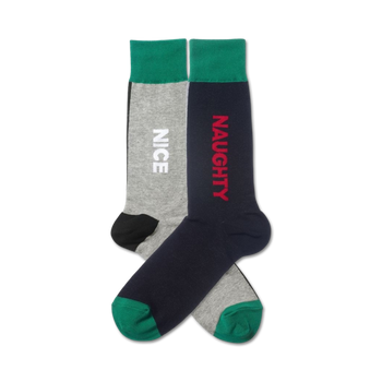 Pair of crew socks; one grey with 'NICE' in white, one navy with 'NAUGHTY' in red. Both have teal cuffs.