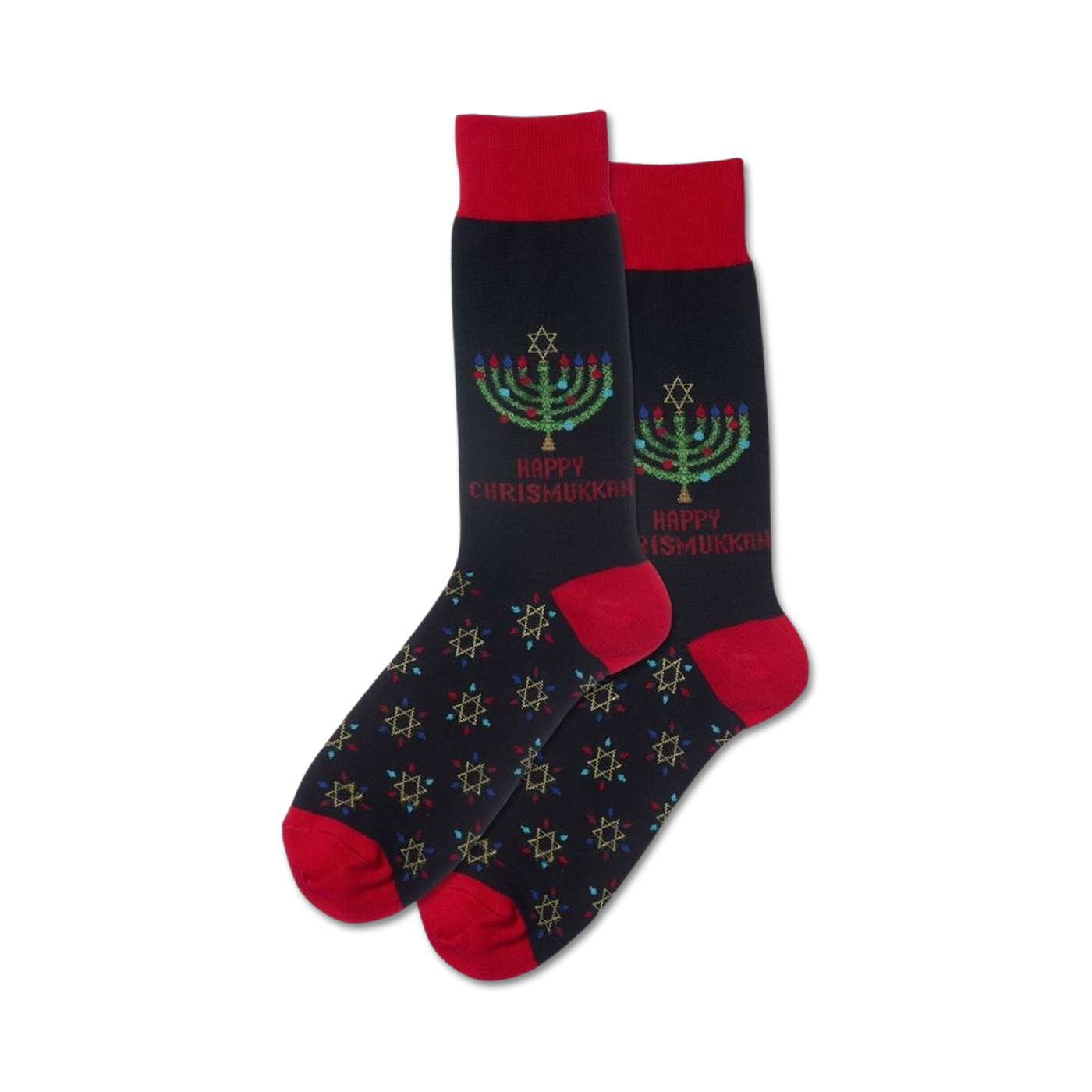 Pair of crew socks; black with red cuffs; menorah, Star of David, and 'Happy Chrismukkah' design.