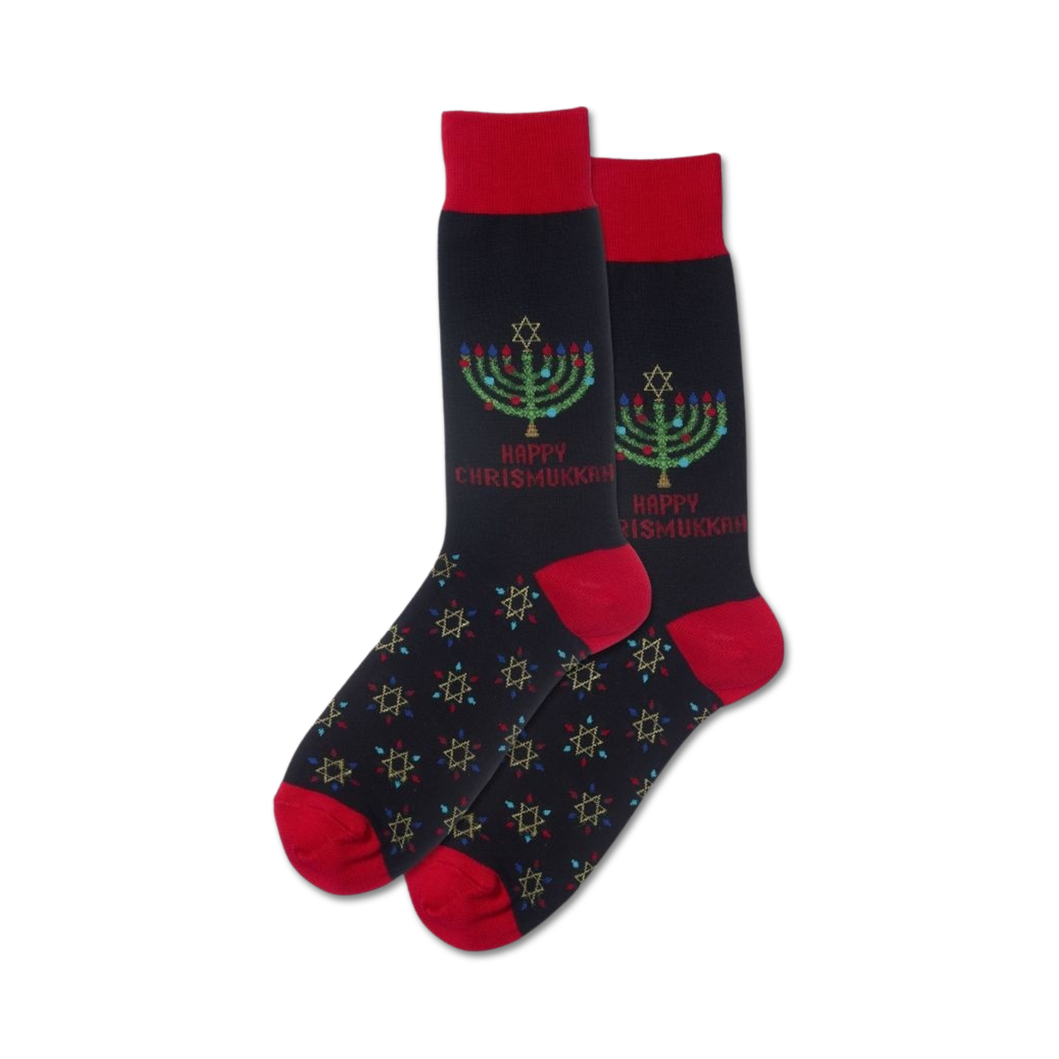 Pair of crew socks; black with red cuffs; menorah, Star of David, and 'Happy Chrismukkah' design.