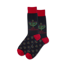 black crew socks with red cuffs and toes featuring a multi-colored menorah and star of david pattern with the words "happy chrismukkah" knit in.   
