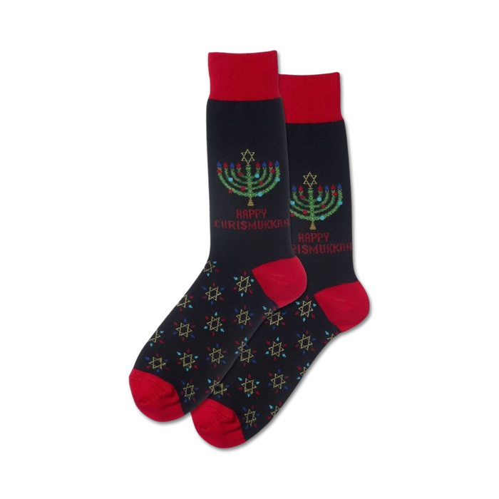 black crew socks with red cuffs and toes featuring a multi-colored menorah and star of david pattern with the words 