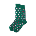 Pair of crew socks, green, featuring a repeating pattern of dogs wearing red scarves.