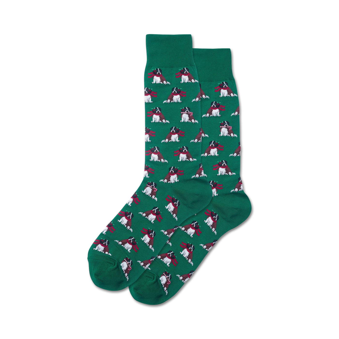 Pair of crew socks, green, featuring a repeating pattern of dogs wearing red scarves.