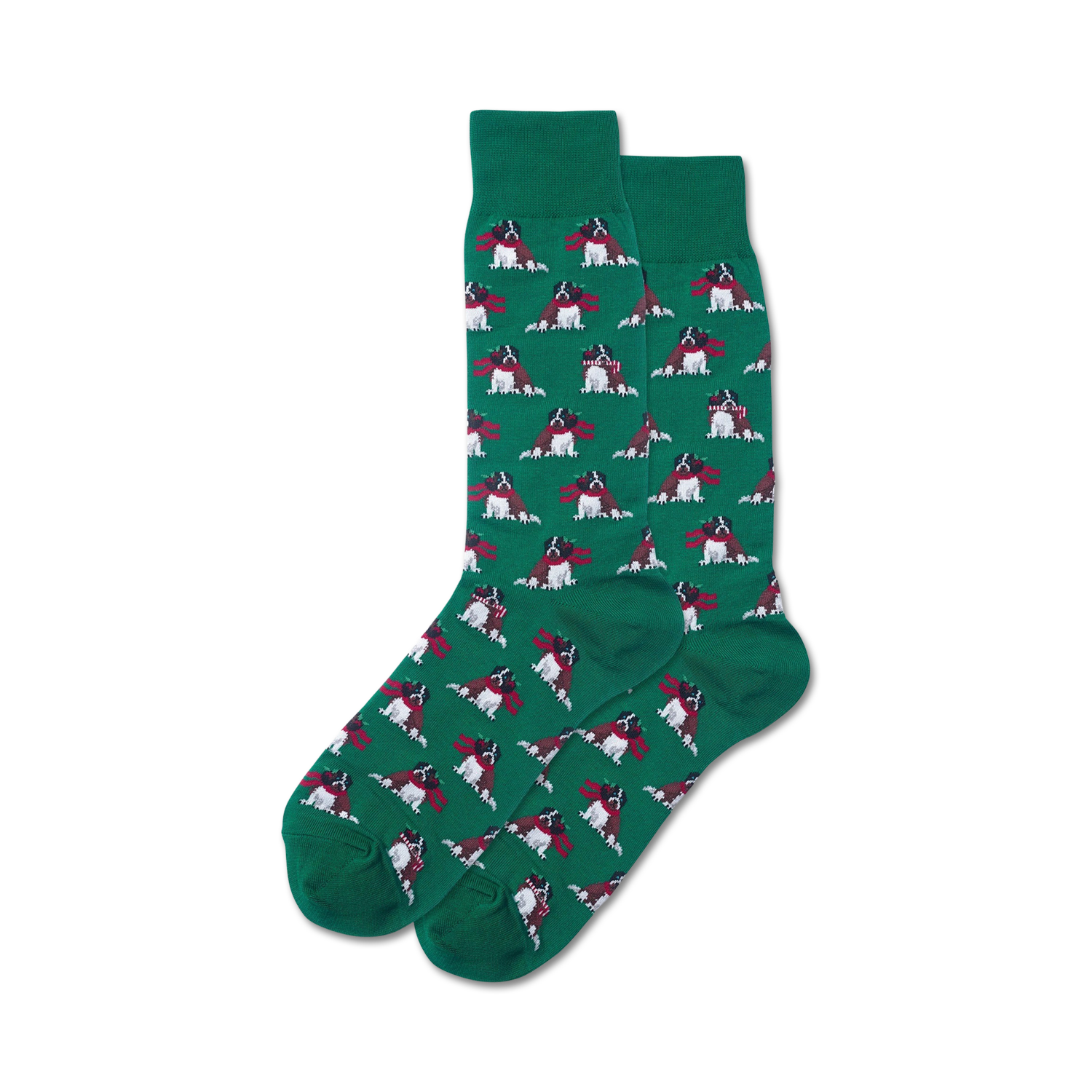 Pair of crew socks, green, featuring a repeating pattern of dogs wearing red scarves.